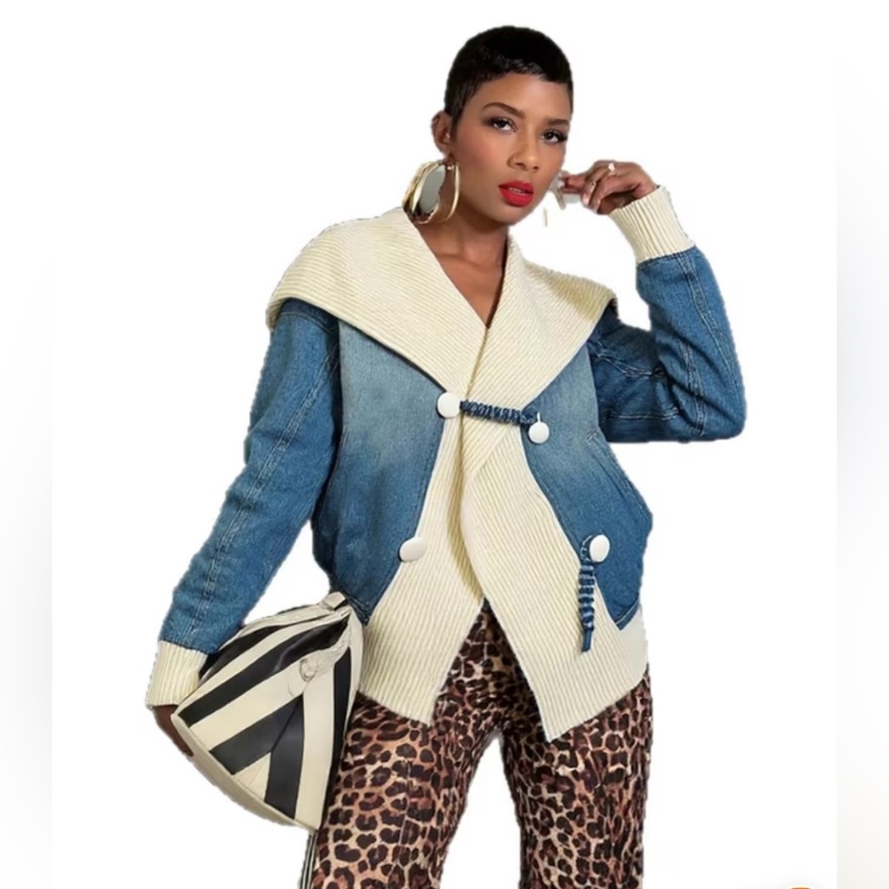 Denim & Ivory Rib-Knit Shawl Collar Jacket | Cross-Front Button Coat (S–XL) - Picture 3 of 3